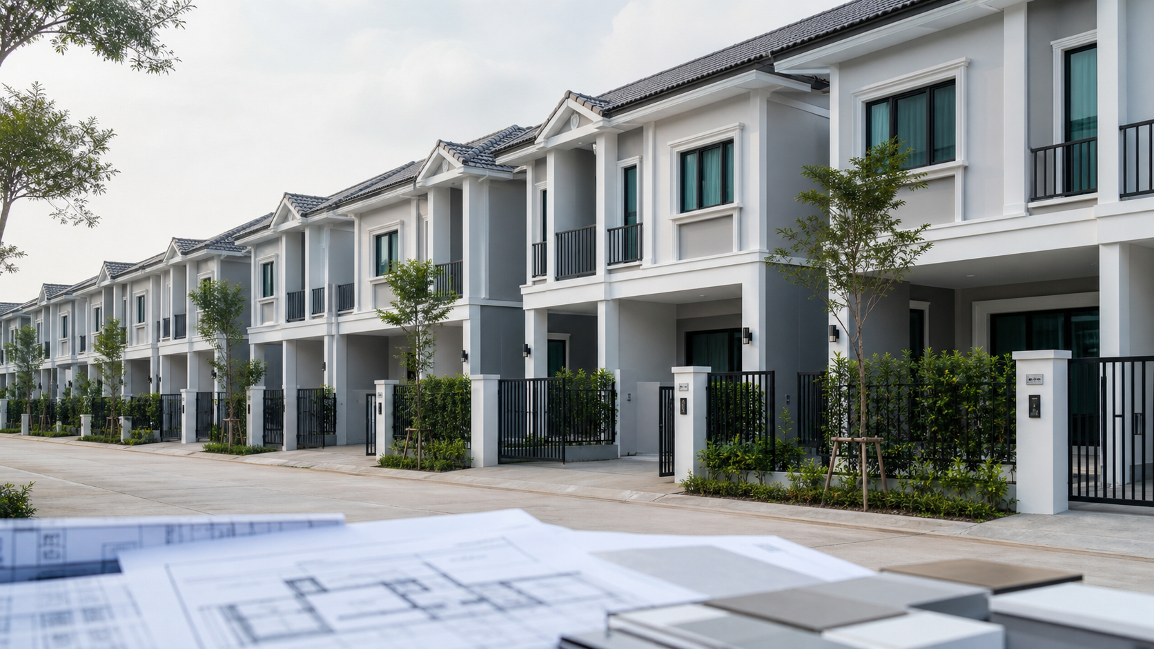 บ้านจัดสรรหลายหลังที่ใช้จังหวะ facade และบัวตกแต่งอาคารอย่างสม่ำเสมอ